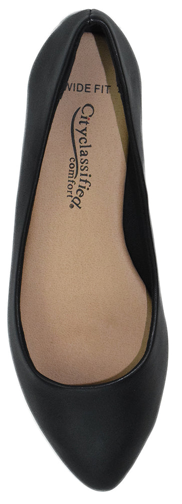 City Classified W-HOLD Black Women Casual Flat Shoes Wide Width Fit Pointed Toe PU Faux Leather Comfortable Slip-Ons - Accent Foot Fashions