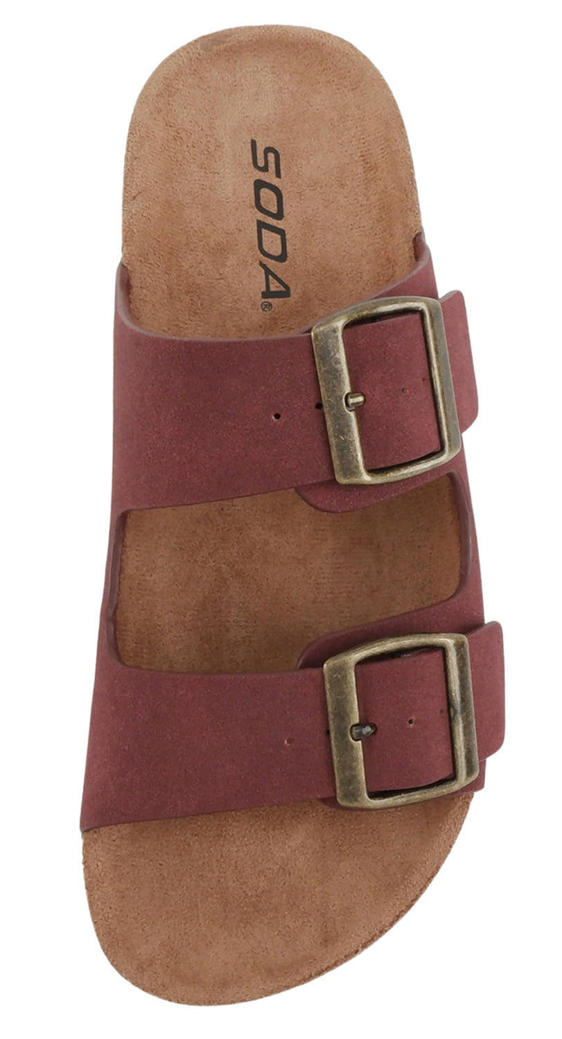 Soda JETE-S Burgundy Women Slide Sandals Double Buckle Adjustable Cork Footbed Lightweight Comfort Flats - Accent Foot Fashions