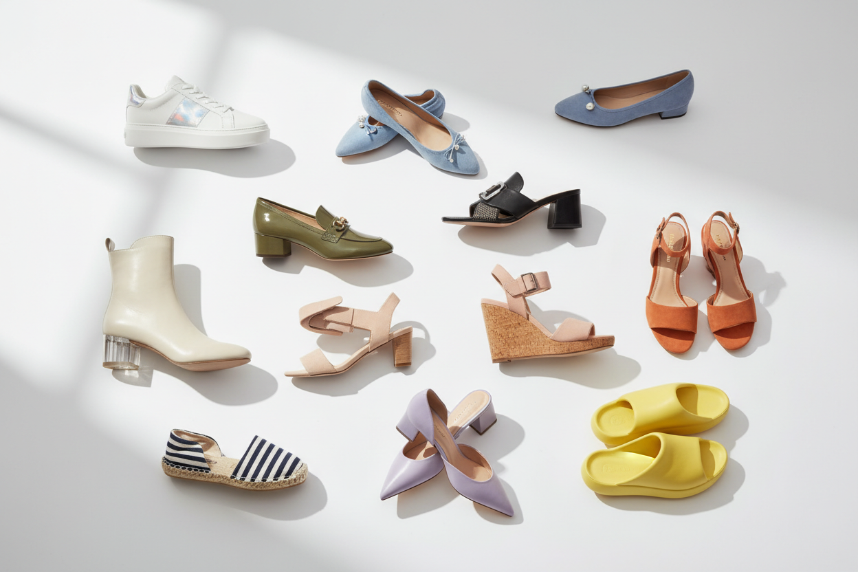 Collection of stylish women’s shoes including sneakers, flats, and sandals for everyday wear