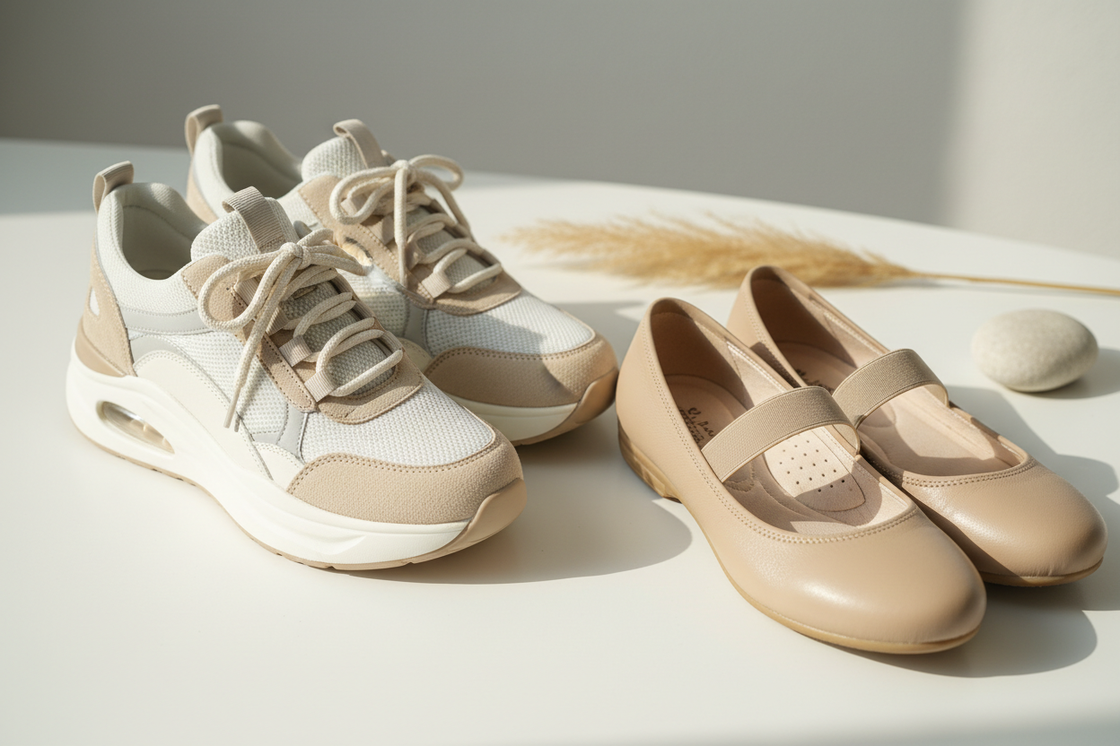 Women’s comfortable beige sneakers and nude flat shoes for everyday casual wear.
