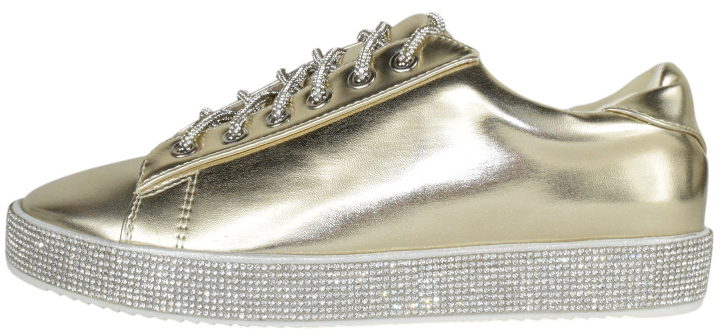 La Sheelah SCOUT-24 Gold Metallic Women’s Sneakers Rhinestone Bling Lace-Up Fashion Flats