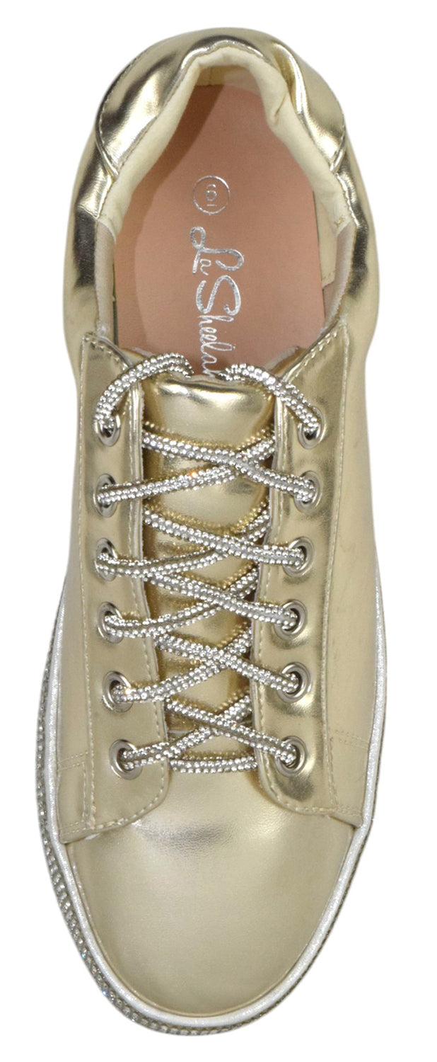 La Sheelah SCOUT-24 Gold Metallic Women’s Sneakers Rhinestone Bling Lace-Up Fashion Flats