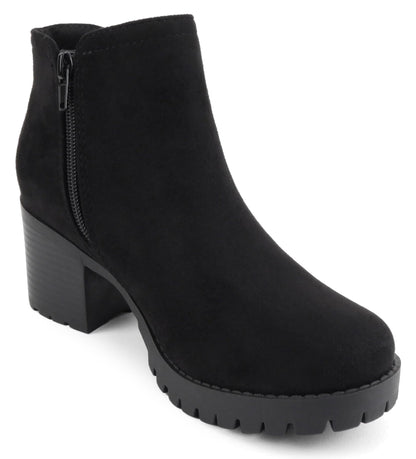 Soda THUMB-S Black Women Ankle Boots Chunky Lug Sole Side Zipper Block Heel Faux Leather Short Booties - Accent Foot Fashions