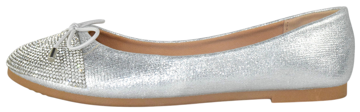 Top Moda BONNIE-31 Silver Women Rhinestone Ballet Flats Sparkly Round Toe Lightweight Bow Dress Shoes
