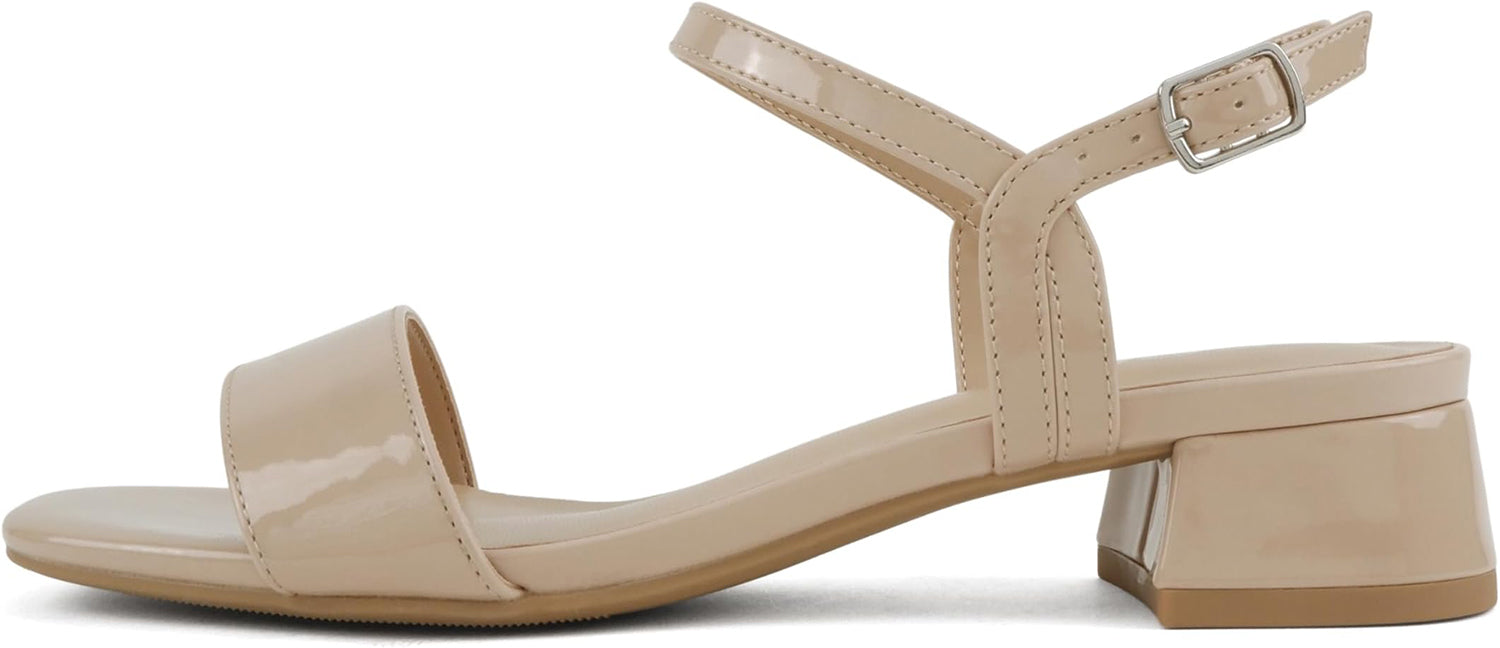 Soda EPISODE-S Beige Patent Women Ankle Strap Sandals Low Block Heel Single Band Dress Sandals