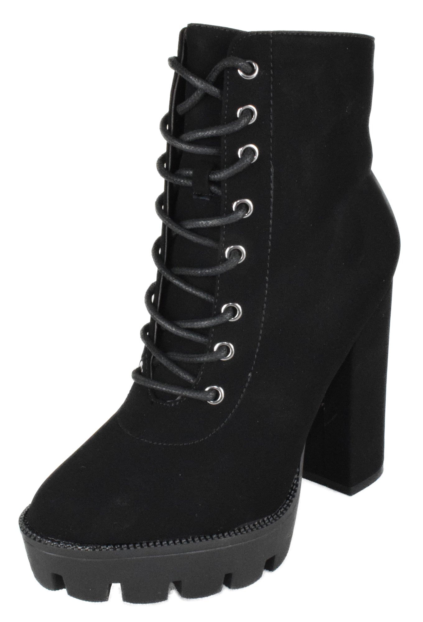 Top Moda DALE-6 Black Nubuck Women Platform Combat Boots Lace-Up Side Zipper Lug Sole High Heel Army Style Booties