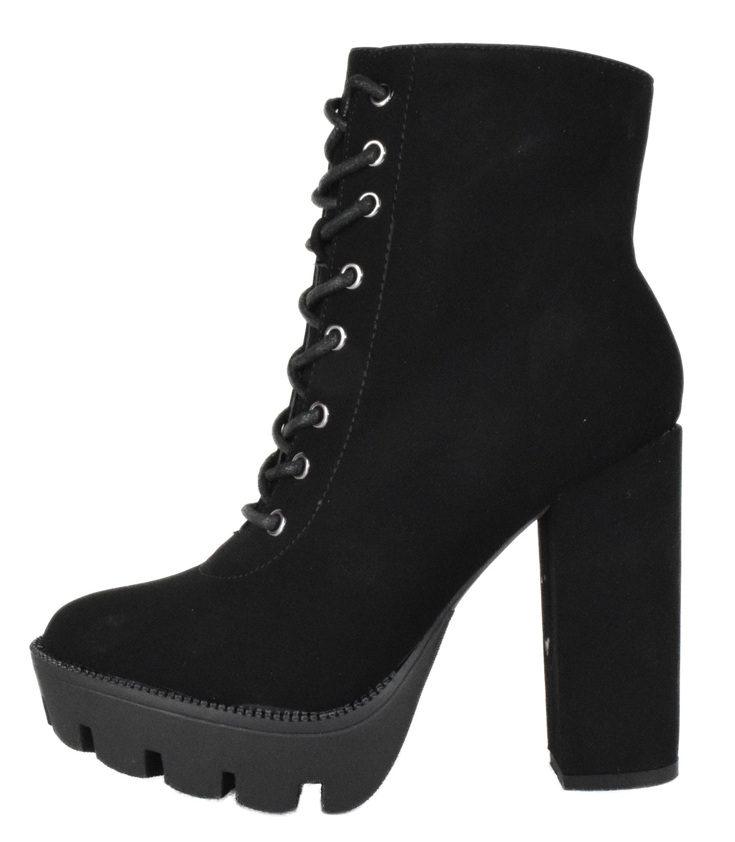 Top Moda DALE-6 Black Nubuck Women Platform Combat Boots Lace-Up Side Zipper Lug Sole High Heel Army Style Booties