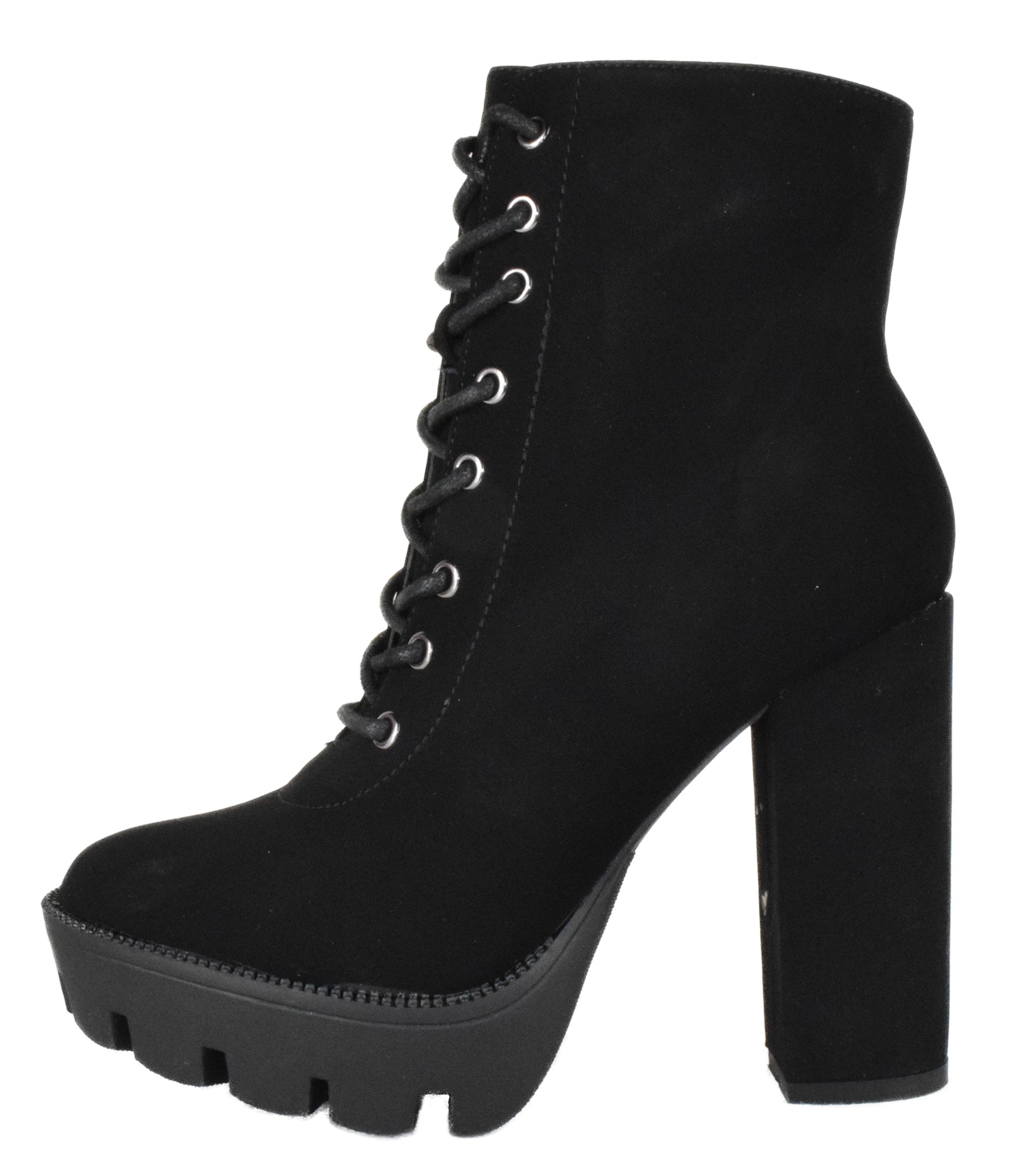 Top Moda DALE-6 Black Nubuck Women Platform Combat Boots Lace-Up Side Zipper Lug Sole High Heel Army Style Booties