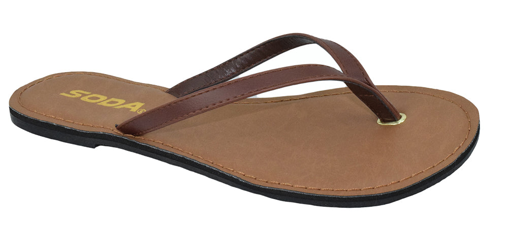 Soda FELER-S Brown Women Flip Flops Basic Plain Strap Casual Beach Sandals Faux Leather