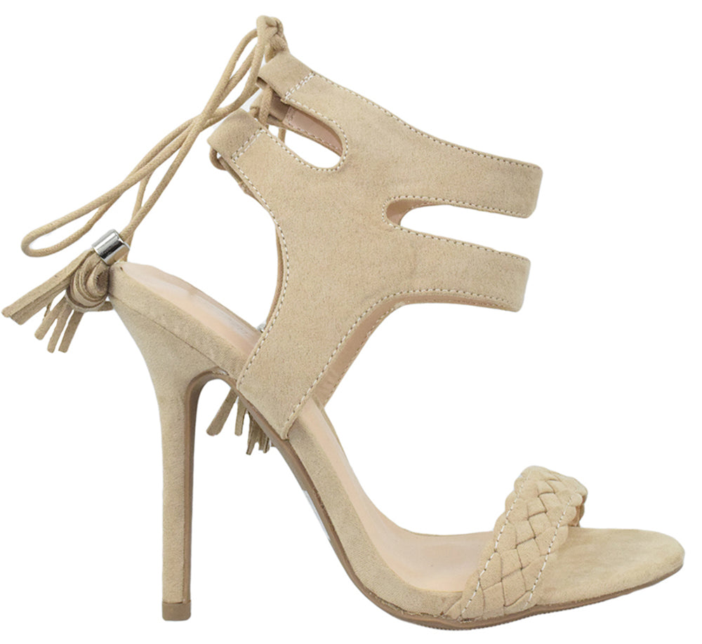 Wild Diva Lounge ADELE-344 Natural Women Stiletto High Heel Sandals Lace-Up Tassel Ankle Wrap Open Toe Dress Shoes