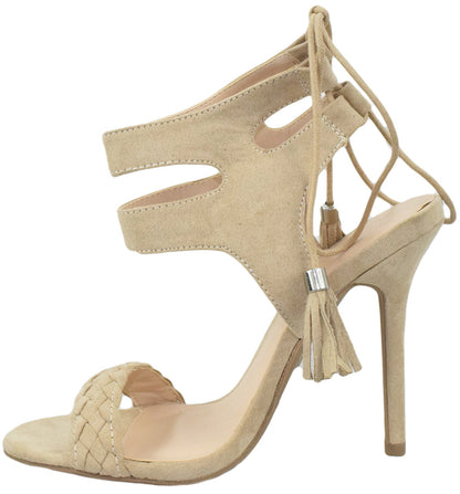 Wild Diva Lounge ADELE-344 Natural Women Stiletto High Heel Sandals Lace-Up Tassel Ankle Wrap Open Toe Dress Shoes