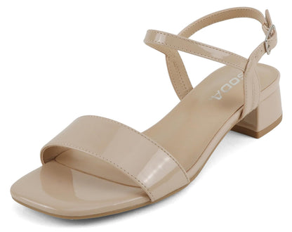 Soda EPISODE-S Beige Patent Women Ankle Strap Sandals Low Block Heel Single Band Dress Sandals
