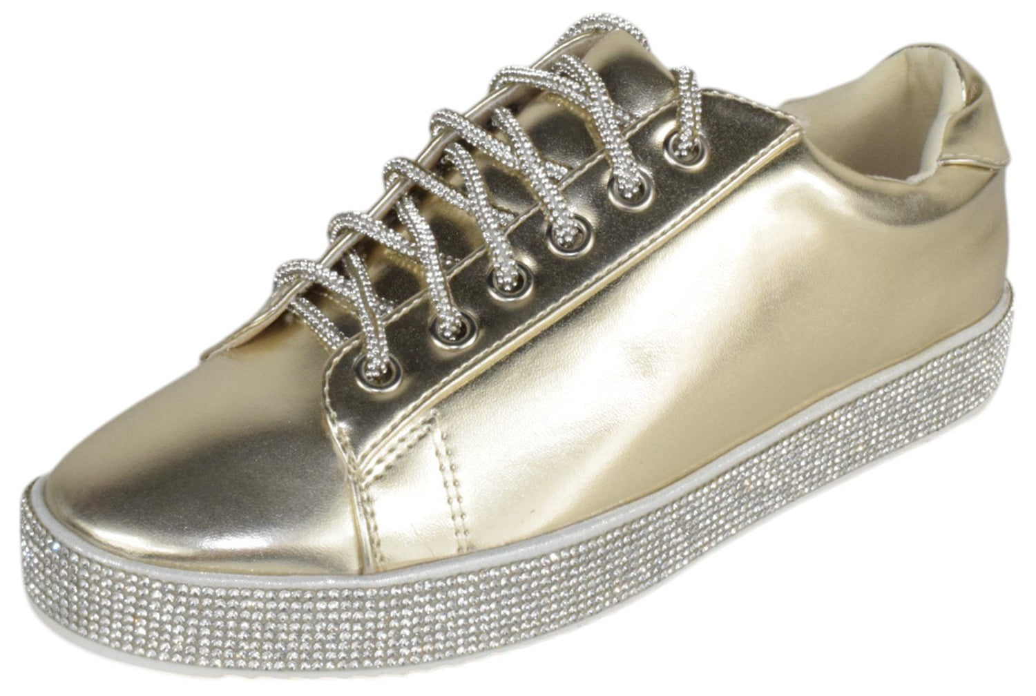 La Sheelah SCOUT-24 Gold Metallic Women’s Sneakers Rhinestone Bling Lace-Up Fashion Flats