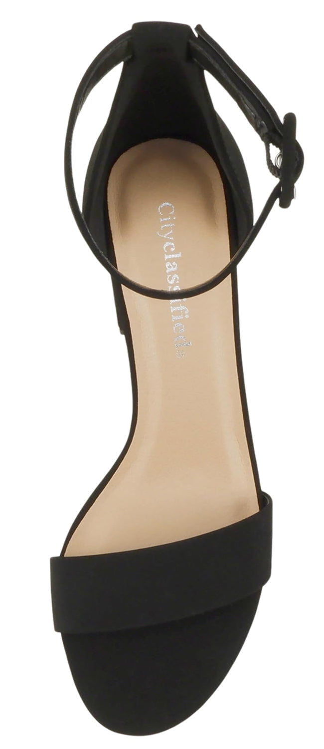 CityClassified CAKE-S Black Women Low Chunky Block Heel Sandals Open Toe Ankle Strap Faux Suede Summer Dress Shoes - Accent Foot Fashions
