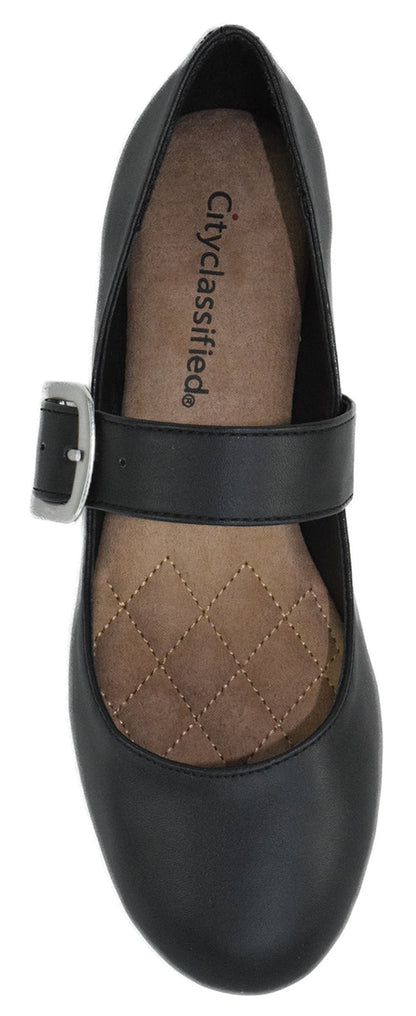 City Classified DISH-H Black Women Casual Ballet Flats Gold Buckled Mary Jane PU Faux Leather Comfortable Slip-On Shoes - Accent Foot Fashions