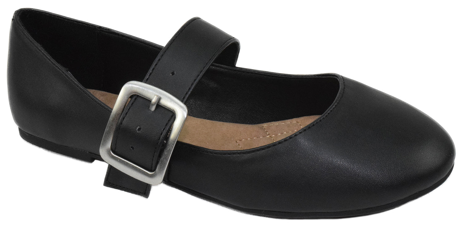 City Classified DISH-H Black Women Casual Ballet Flats Gold Buckled Mary Jane PU Faux Leather Comfortable Slip-On Shoes - Accent Foot Fashions