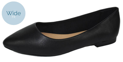 City Classified W-HOLD Black Women Casual Flat Shoes Wide Width Fit Pointed Toe PU Faux Leather Comfortable Slip-Ons - Accent Foot Fashions