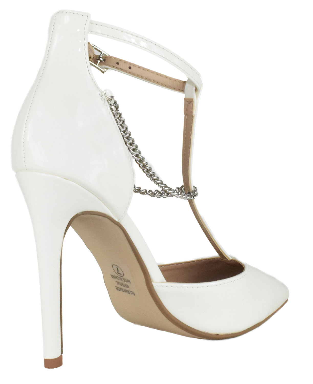 Delicious MESA-S White Patent Women Stiletto Heels Pointed Toe Ankle Strap Pumps Removable Chain Anklet Dress Shoes - Accent Foot Fashions