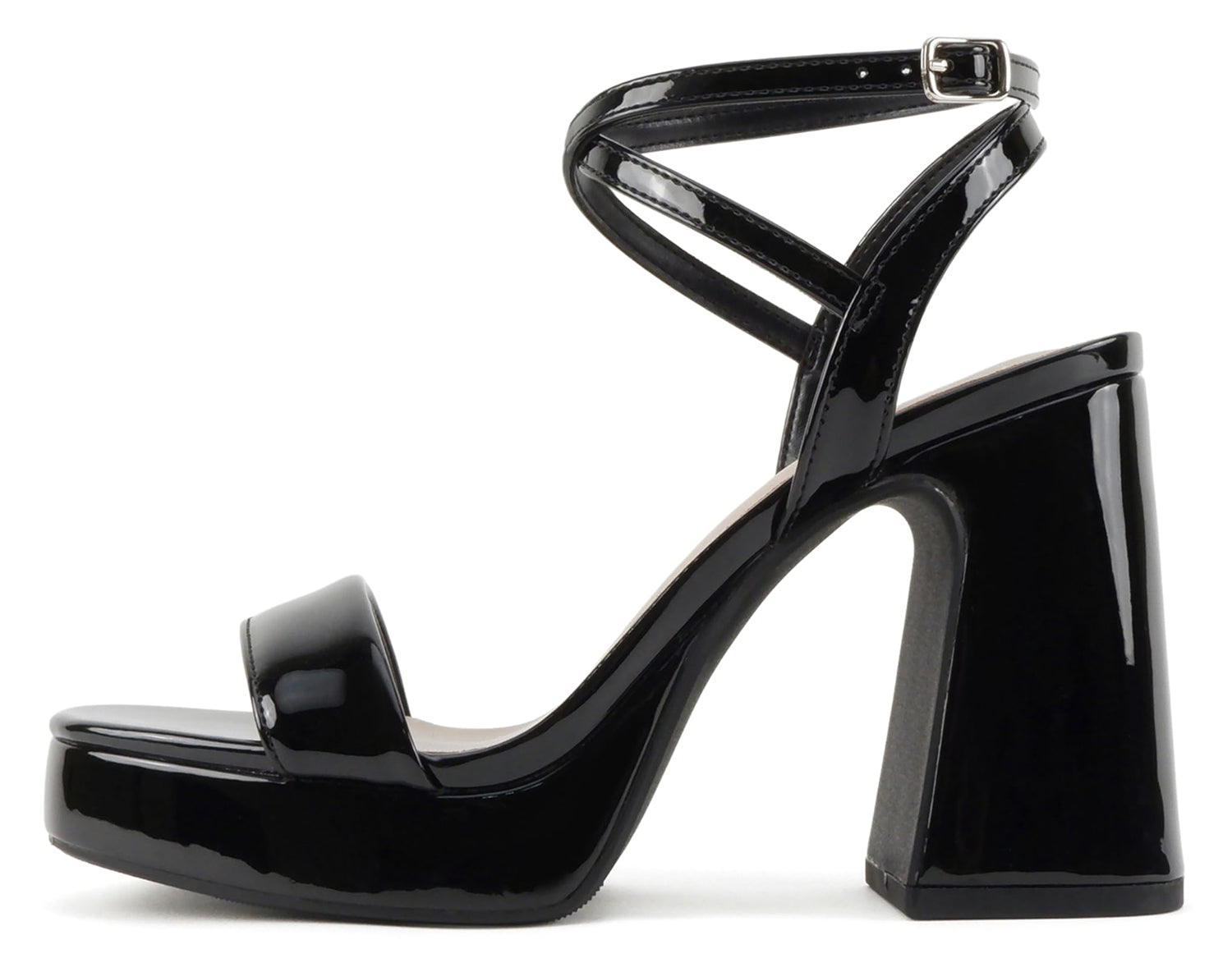 Delicious MUFFIN-S Black Patent Women Block High Heel Sandals Ankle Strap Open Toe Platform Faux Leather Dress Shoes - Accent Foot Fashions