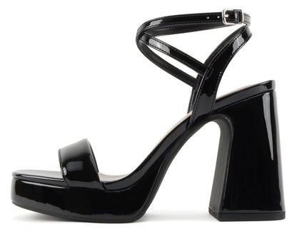 Delicious MUFFIN-S Black Patent Women Block High Heel Sandals Ankle Strap Open Toe Platform Faux Leather Dress Shoes - Accent Foot Fashions