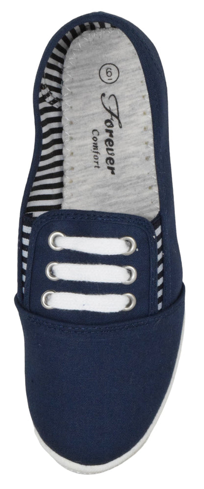 Navy blue slip-on shoe with white laces on a white background