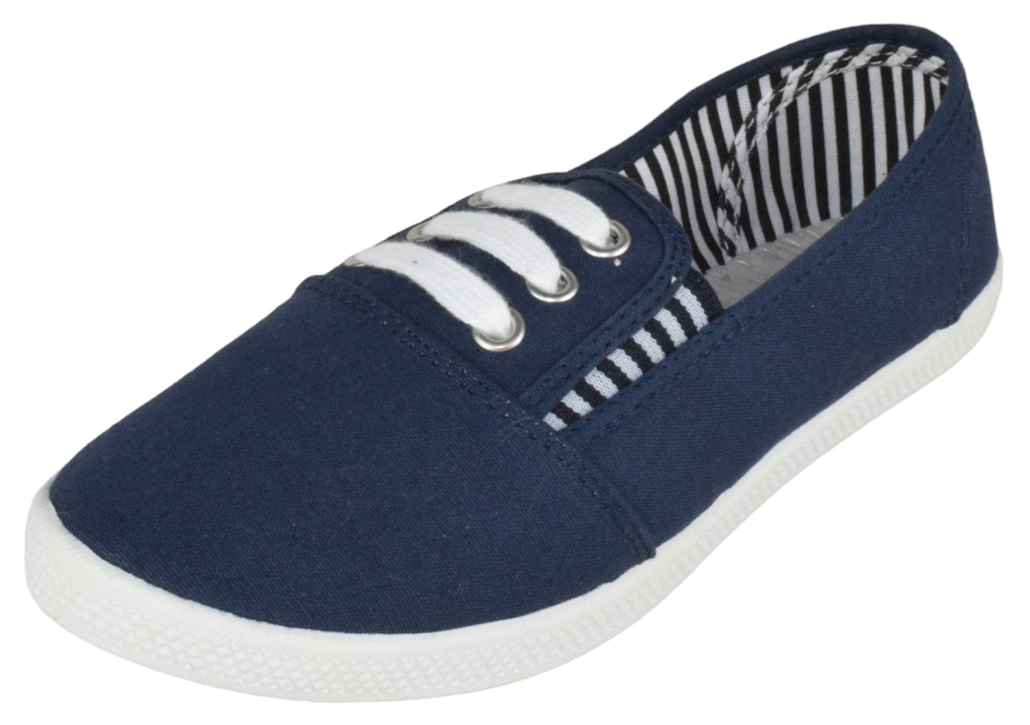 Navy blue sneaker with white laces on a white background