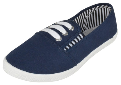 Navy blue sneaker with white laces on a white background