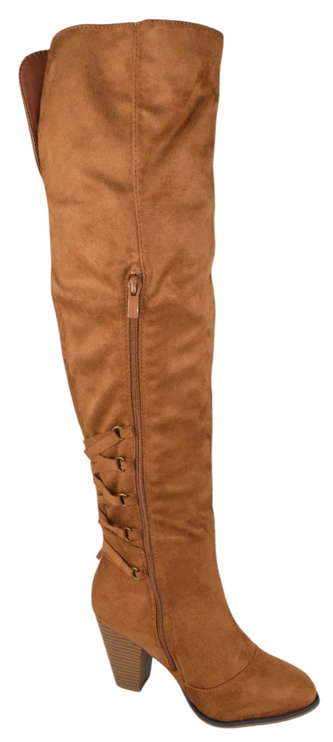 Forever CAMILA-57 Tan Suede Women Thigh High Boots Block Heel Over-the-Knee Boots Side Zipper Lace Tassel Accent-2