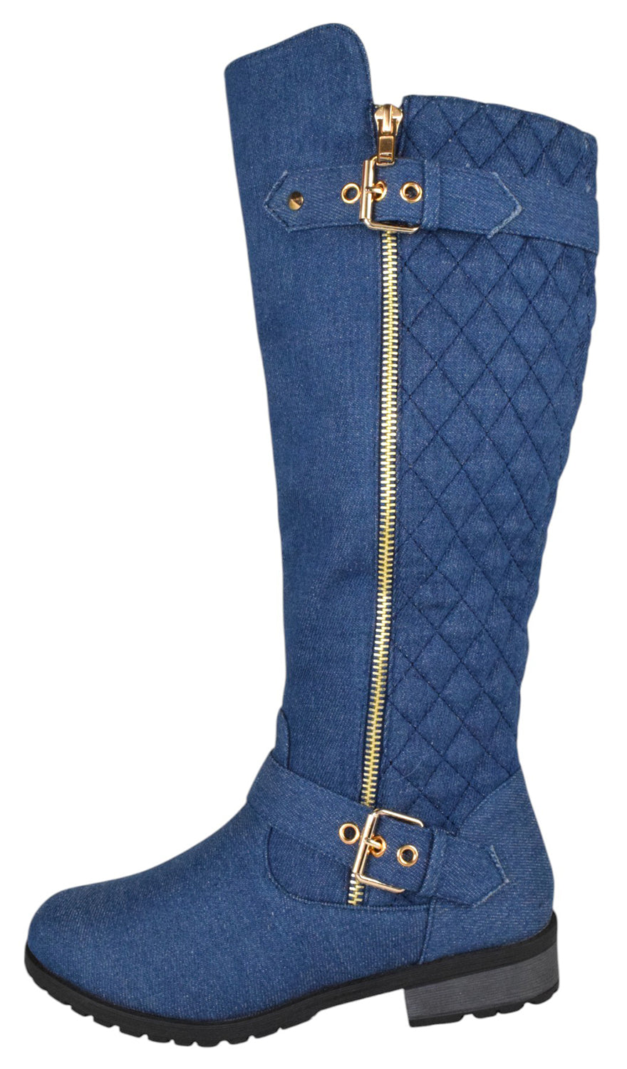 Forever MANGO-21 Blue Denim Women Knee High Boots Small Block Heel Side Zipper Buckled Quilted Stitch Fashion Boots-1