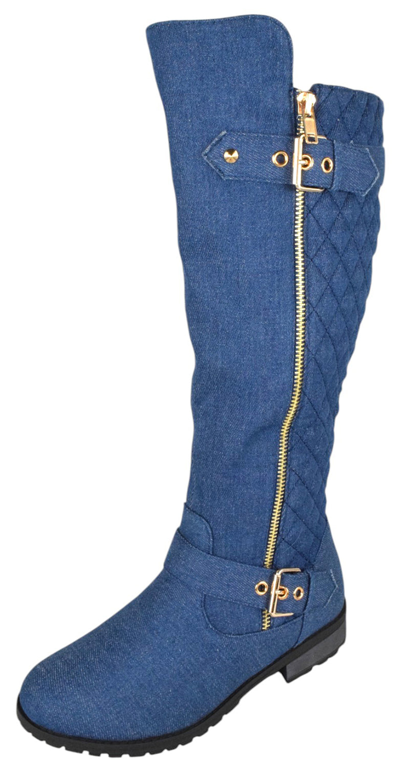 Forever MANGO-21 Blue Denim Women Knee High Boots Small Block Heel Side Zipper Buckled Quilted Stitch Fashion Boots-0