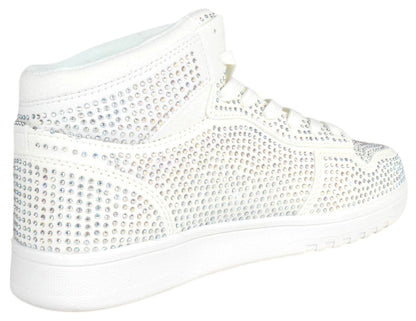 White sneaker with rhinestone embellishments on a white background