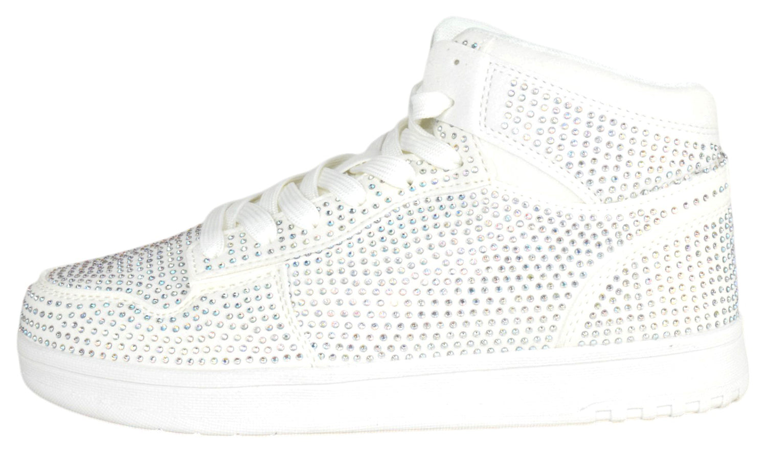 White high-top sneaker with rhinestone embellishments on a white background