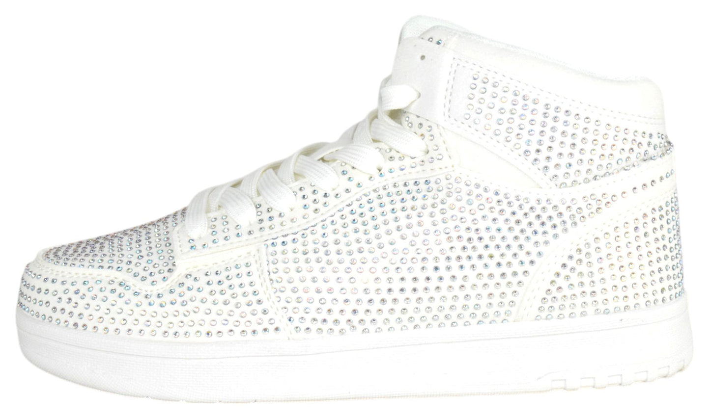 White high-top sneaker with rhinestone embellishments on a white background