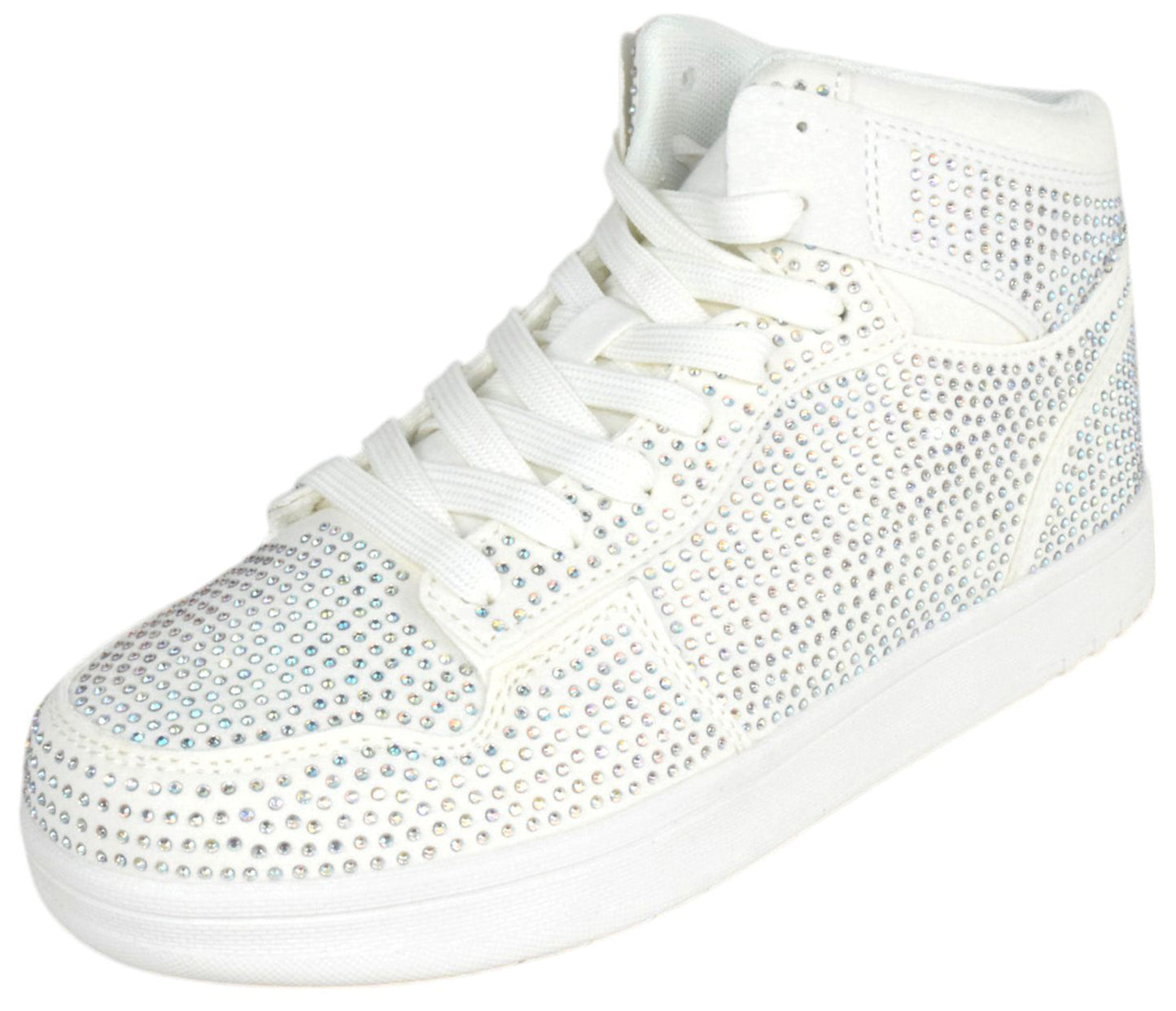 White sneaker with rhinestone embellishments on a white background