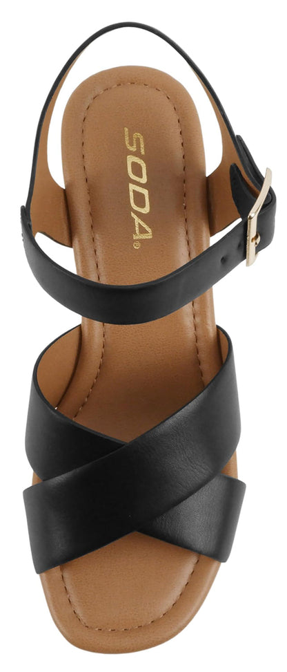 Soda BONNET-S Black Women Platform Heeled Sandals Open Toe Criss-Cross Strap Ankle Buckle Chunky Block Heel - Accent Foot Fashions