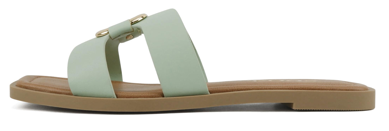 Soda FENG-S Mint Women Slide Sandals H-Band Square Toe Flat Slip-On Sandals with Gold Buckle - Accent Foot Fashions
