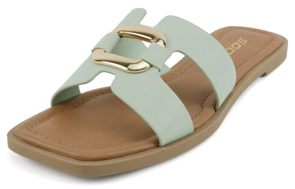 Soda FENG-S Mint Women Slide Sandals H-Band Square Toe Flat Slip-On Sandals with Gold Buckle - Accent Foot Fashions