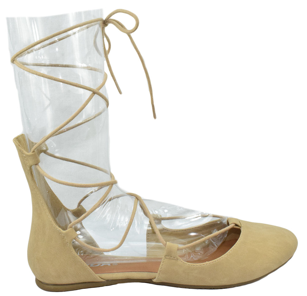Soda HARVEST-S Beige Suede Women Ballet Flats Lace-Up Ankle Tie Gladiator Style Round Toe Casual Dress Shoes-1