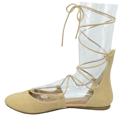 Soda HARVEST-S Beige Suede Women Ballet Flats Lace-Up Ankle Tie Gladiator Style Round Toe Casual Dress Shoes-2
