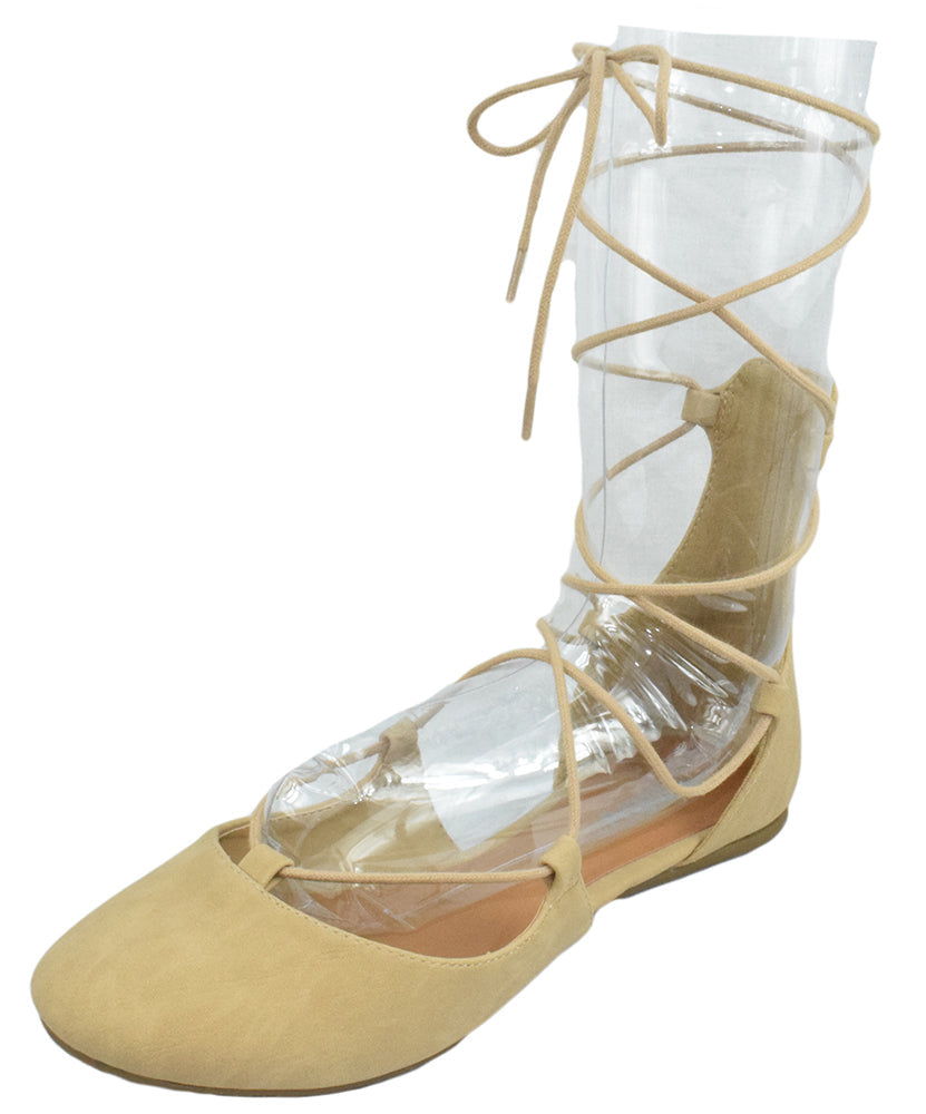 Soda HARVEST-S Beige Suede Women Ballet Flats Lace-Up Ankle Tie Gladiator Style Round Toe Casual Dress Shoes-0