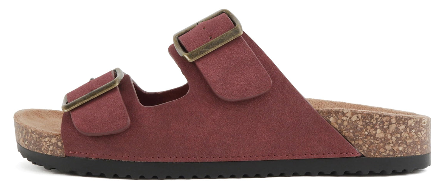 Soda JETE-S Burgundy Women Slide Sandals Double Buckle Adjustable Cork Footbed Lightweight Comfort Flats - Accent Foot Fashions