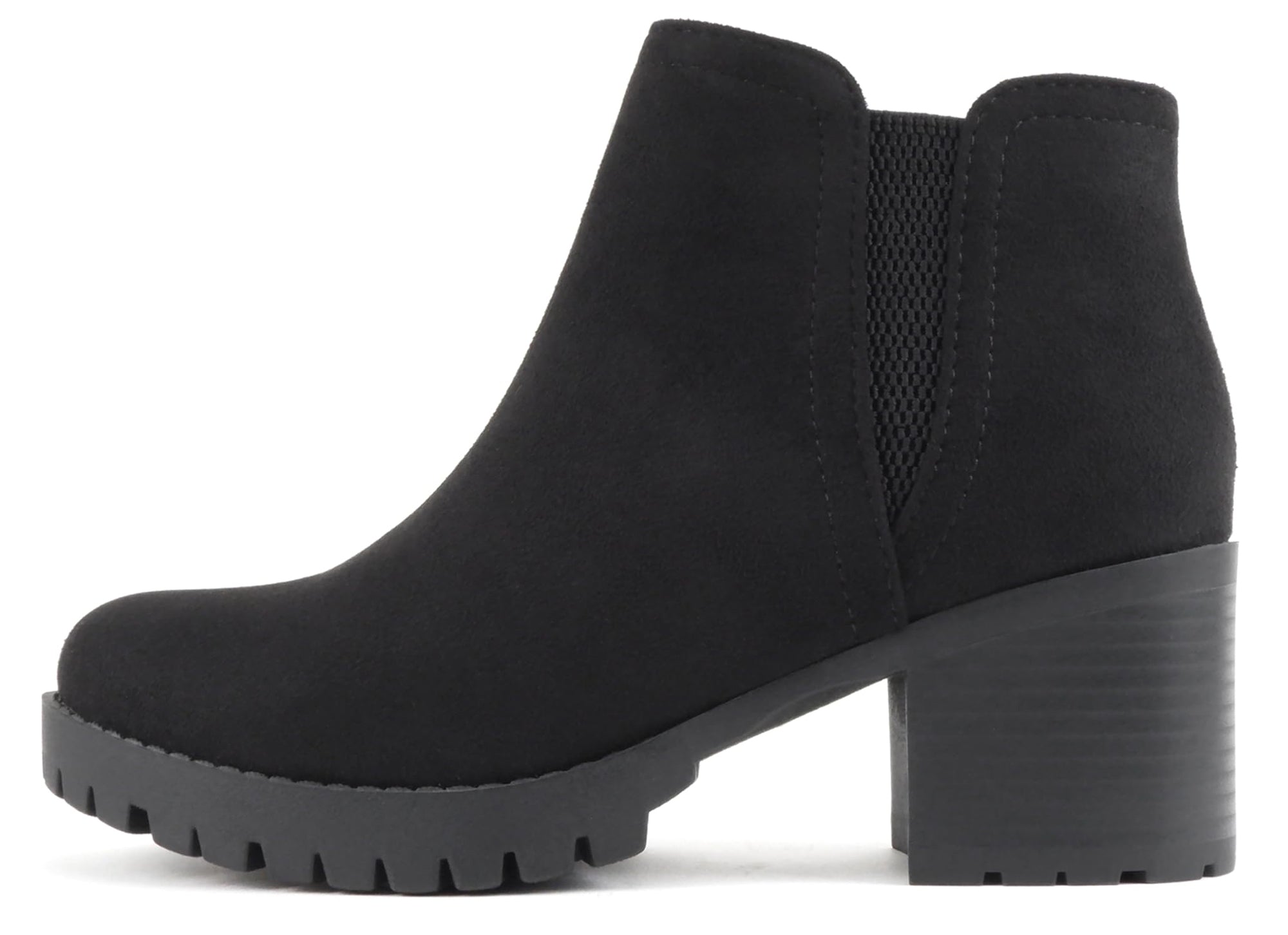 Soda THUMB-S Black Women Ankle Boots Chunky Lug Sole Side Zipper Block Heel Faux Leather Short Booties - Accent Foot Fashions