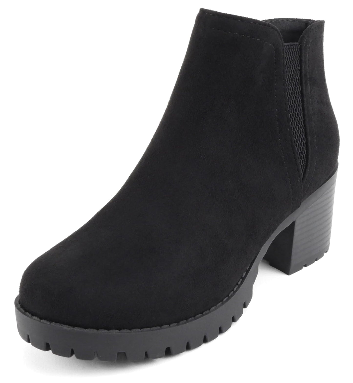 Soda THUMB-S Black Women Ankle Boots Chunky Lug Sole Side Zipper Block Heel Faux Leather Short Booties - Accent Foot Fashions