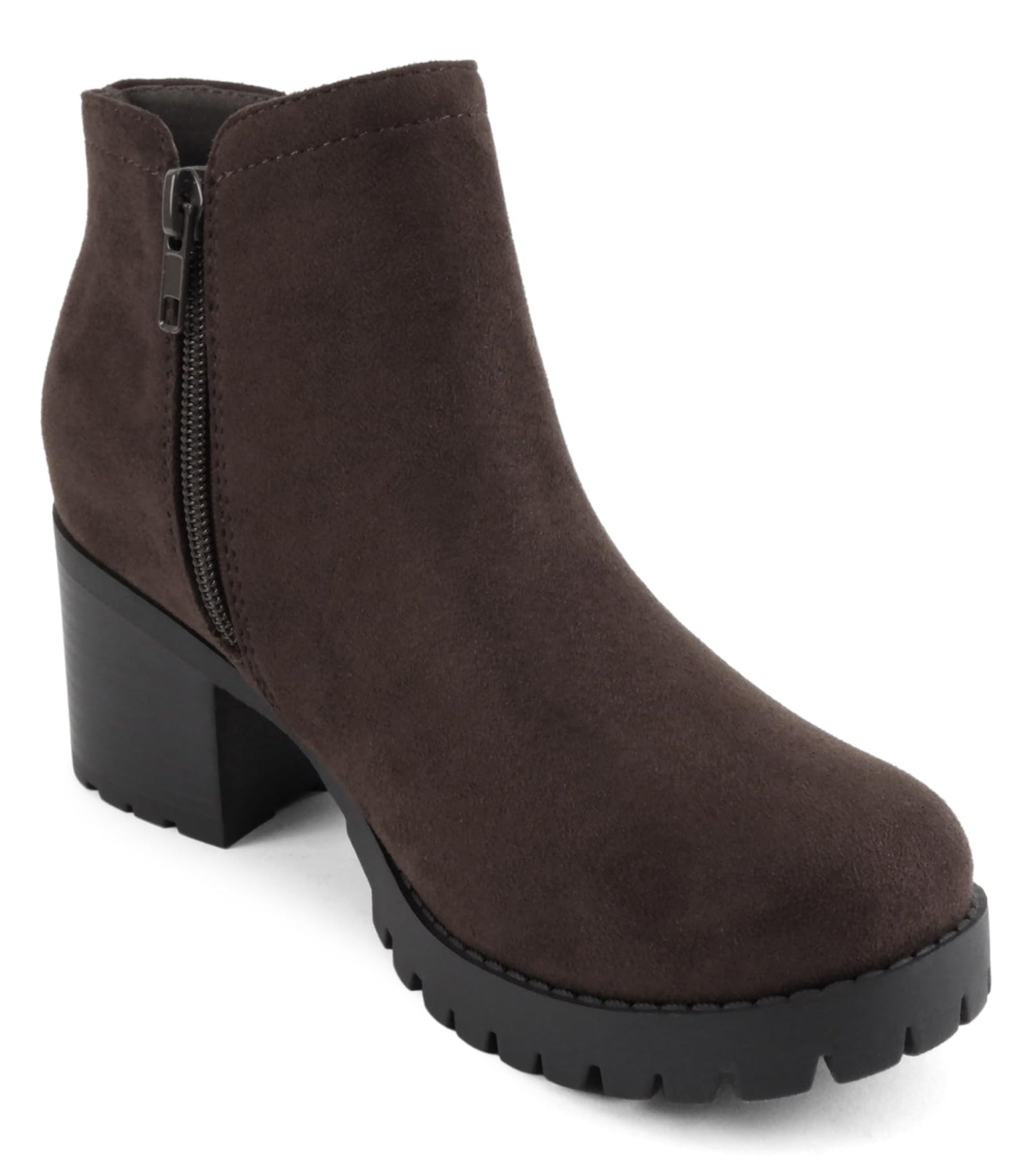 Soda THUMB-S Tobacco Suede Women Ankle Boots Chunky Lug Sole Block Heel Side Zipper Elastic V-Cut Fashion Booties-2
