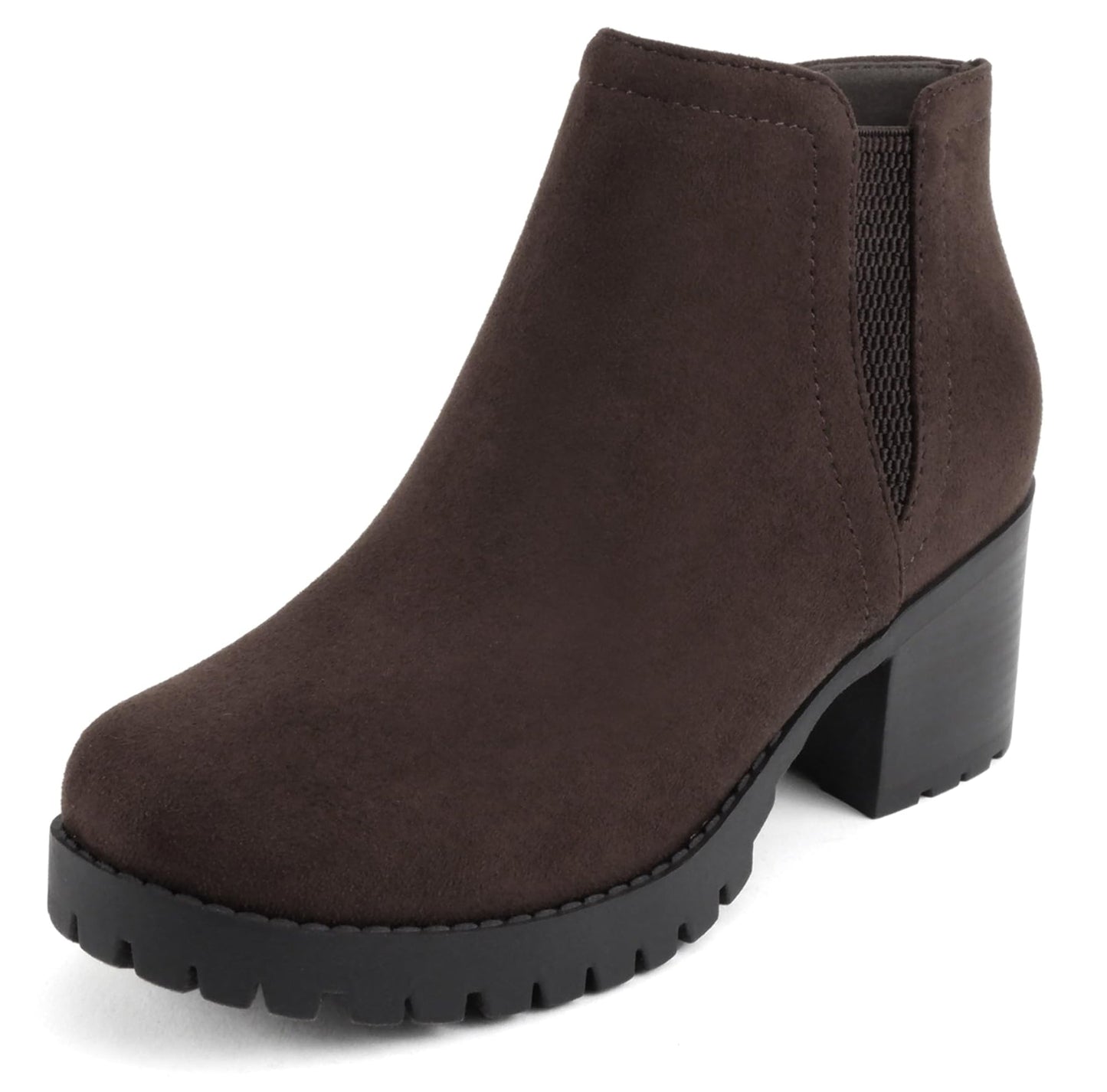 Soda THUMB-S Tobacco Suede Women Ankle Boots Chunky Lug Sole Block Heel Side Zipper Elastic V-Cut Fashion Booties-0