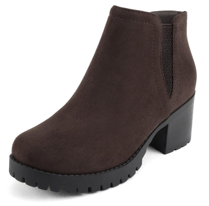 Soda THUMB-S Tobacco Suede Women Ankle Boots Chunky Lug Sole Block Heel Side Zipper Elastic V-Cut Fashion Booties-0