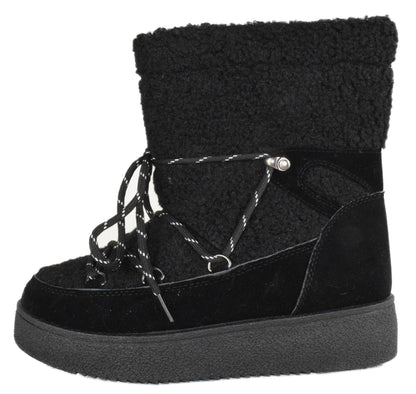 Top Moda MARGOT-36 Black Women Winter Ankle Boots Faux Suede Lace-Up Side Zipper Warm Sherpa Fur Lined Platform Booties-1