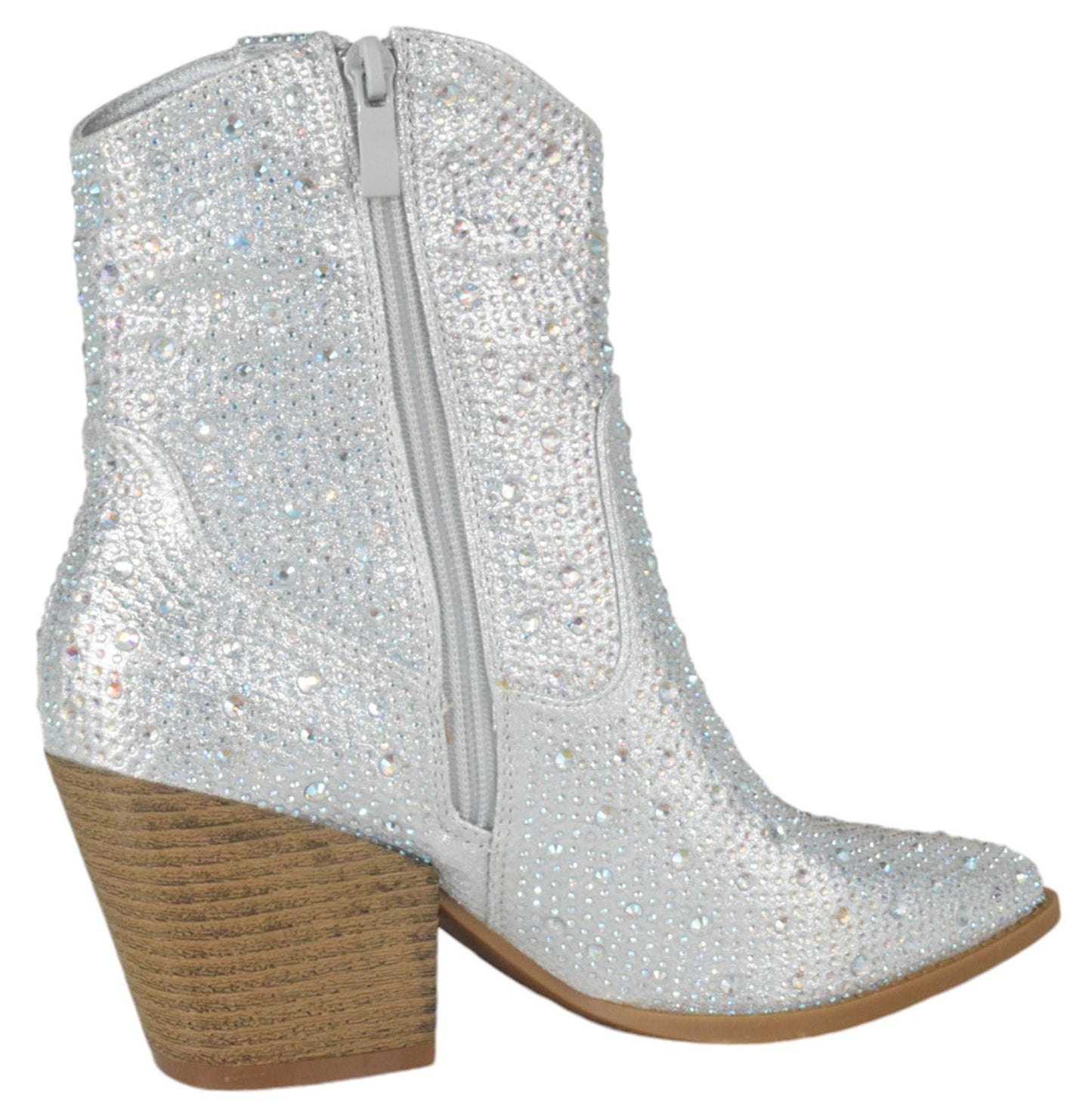 Top Moda NAPLES-1 Silver Women Western Ankle Boots Rhinestone Glitter Pointed Toe Block Heel Cowboy Booties-2