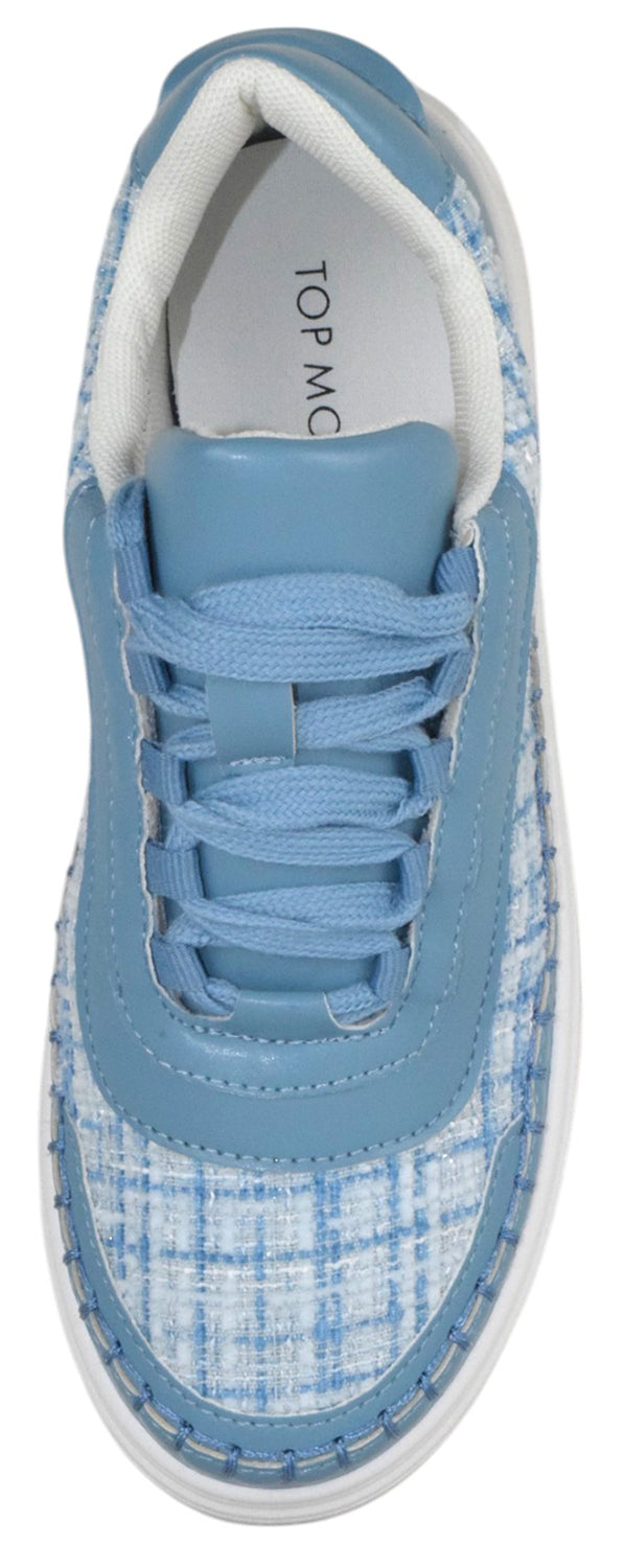 Blue sneaker with plaid pattern on a white background